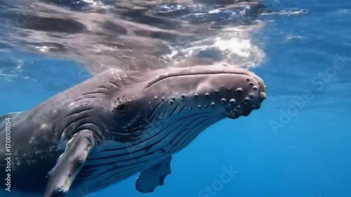 Humpback whale swims just under the surface of blue ocean water