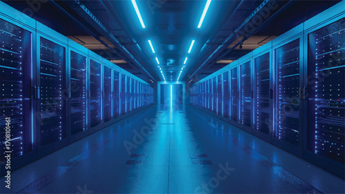 High-tech server room glowing with blue lights, clean and futuristic.