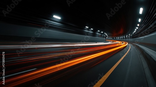 Light trails streak through a dark tunnel on a highway at night