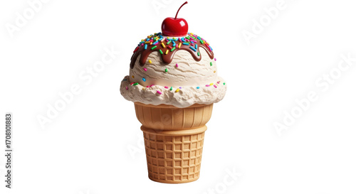 Isolated ice cream cone dessert with chocolate drizzle, cherry on top, and colorful sprinkles