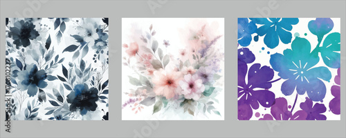 Three abstract floral artwork panels with watercolor splashes and gradient colors
