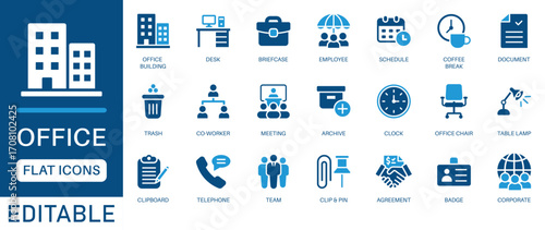 Office icon set. featuring briefcase, desk, computer, meeting, employee, schedule, co-worker and more. perfect workspace  flat vector icon collection.

