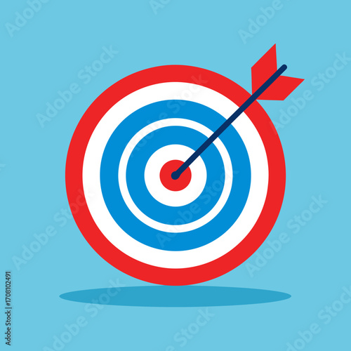Arrow hitting the bullseye of a red white and blue target.