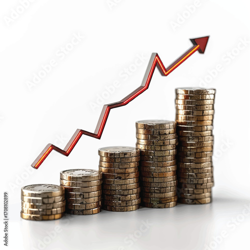 Minimal 3D  of a stack of coins with glowing upward arrow, financial growth concept, white background.