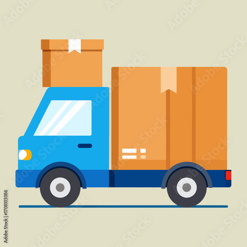 Blue delivery truck carrying cardboard boxes for shipping and logistics.