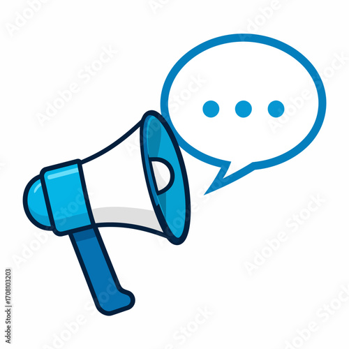Blue Megaphone with Speech Bubble Icon for Communication and Announcement.