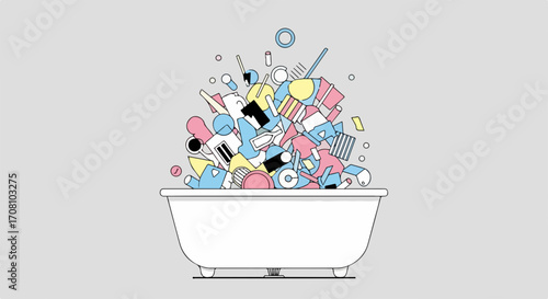 Overflowing bathtub containing a diverse assortment of personal items in various colors. Bathtub, filled to capacity with household clutter,