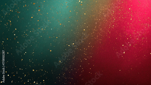 Green red gradient background with gold glitter particles scattered, creating festive and elegant atmosphere with soft glowing effect