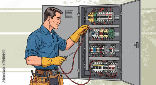 Electrical work in progress with skilled electrician making connections inside metal cabinet, doing electrical work safely. Electrical work requires precise attention and professional craftsmanship,