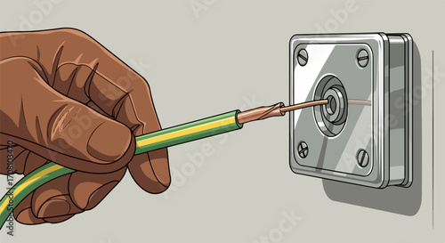 Grounding electrical wire insertion into metallic outlet box demonstrates electrical grounding for safety. Metallic outlet box being worked on shows ground connection,