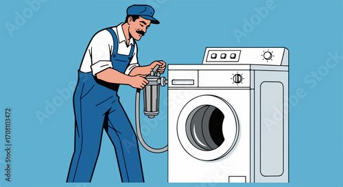 Washing machine repair, showing serviceman fixing a broken washing machine. Professional washing machine repair service includes skilled technician and replacement parts for quick fix.