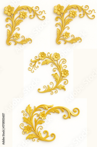 Golden Baroque Corner Floral Ornaments Set