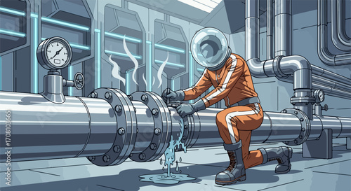 Astronaut repairing pipe, shows futuristic engineering, a challenging job in space. Astronaut repairing pipe, performing complex repairs in an advanced setting.