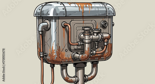 Steampunk toilet illustration with intricate pipes, an antiquated fixture detailed with metal and rust. This steampunk toilet graphic showcases plumbing and industrial design elements.