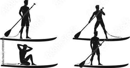 Silhouettes of men paddleboarding in various active poses, outdoor water sport, stand-up paddleboarding adventure, fitness activity, summer lake fun and balance.