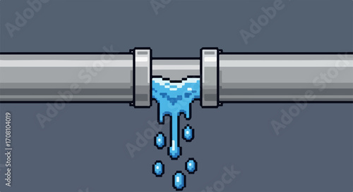 Leaky pipe with blue water leaking and dripping. Illustrative leaky pipe showing damage, leakage, and potential water waste due to burst pipe.