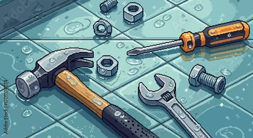 Assorted hand tools lie scattered on bathroom tiles creating a hand tools arrangement. Hand tools includes wrench, hammer, screw driver, and nuts scattered around.