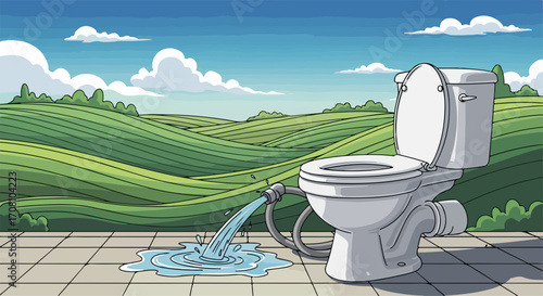 Toilet humor illustration features toilet connected to garden hose with water flowing, placed outdoors. This toilet setup juxtaposes domestic plumbing with environmental scenery,
