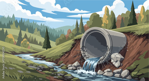 Stream flowing through culvert illustration on green meadow with forest backdrop. Stream scene depicts water stream emptying from concrete tunnel in countryside.