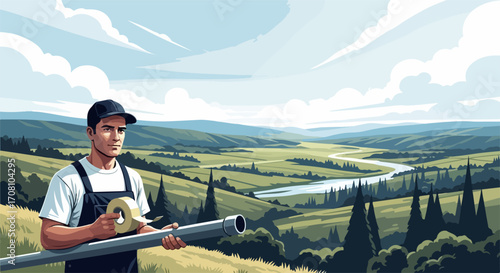 Plumber with pipe fitting ready for installation against idyllic rural landscape. Plumber fixing pipes outdoors with countryside view, showing precision and expertise. Skilled plumber at work,