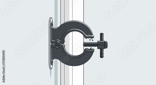Close up of a clamp holding pipe on wall. Clamp securing tube in place with screw mechanism. Securing pipe tightly with clamp for industrial applications, this clamp is a great solution.