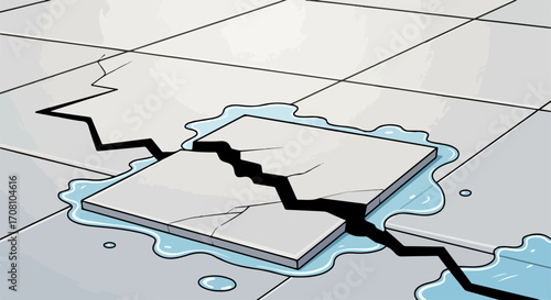 Cracked tile on floor surrounded by water suggests potential damage. Damaged floor has a cracked tile with sharp edges and water damage, posing safety hazard.