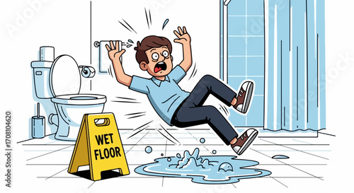 Clumsy man falling on wet floor in bathroom after slipping on puddle. Man falling after failing to see hazard warning sign on wet floor.