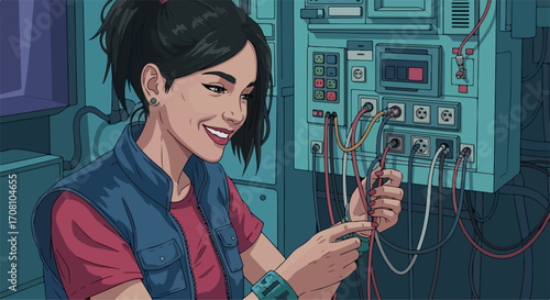 Smiling technician connects wires to an electrical panel for maintenance, smiling technician engaged in fixing wiring.