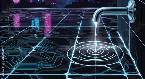 Neon water tap with water flowing over futuristic neon grid floor. Water pouring highlights neon water tap and the neon grid, illuminated by reflection. Conceptual neon water tap art for environment,