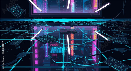 Cyberpunk scene displays a neon glow and cityscape in background. Cyberpunk setup includes neon lights and screen background city view with futuristic elements.