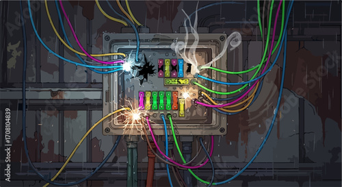 Overloaded circuit board with sparking wires. Overloaded circuit board shows dangerous electrical malfunction and colorful wiring in a metal box. Risk of fire with overloaded circuit board,