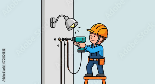 Electrician occupation involves worker drilling a hole in a pillar with a tool, wearing protective gear, and standing on a stepladder, electrician occupation includes electrical services and repairs.