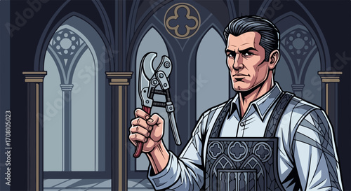 Craftsman portrait holding pliers inside cathedral. Craftsman showcasing expertise, surrounded by gothic architecture elements and elaborate designs.