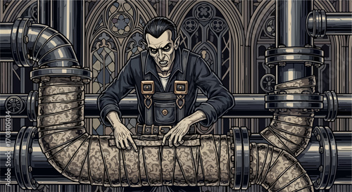 Gothic repairman fixing pipes inside building with arched windows, he makes home improvement. Home improvement involves plumbing and fixing leaks, handyman completing his work.