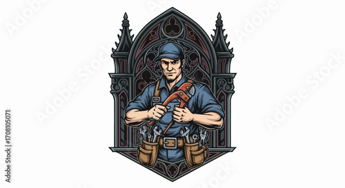 Confident plumber in gothic style frame showing vintage repairman. Vintage repairman with tools presents skilled trade within decorative, dark frame, offering reliable services.