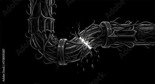 Damaged cable is depicted with broken wires and electric sparks against dark background, symbolizing technological failure. A damaged cable can represent a critical point of electrical malfunction,