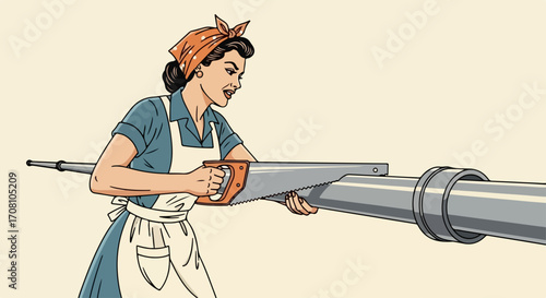 Retro housewife illustration, showing woman sawing pipe with hand saw in vintage domestic setting. Retro housewife is working hard to fix problem with plumbing in her home.