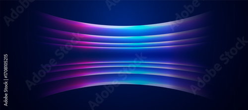 Horizontal flowing neon light beams on a dark blue background