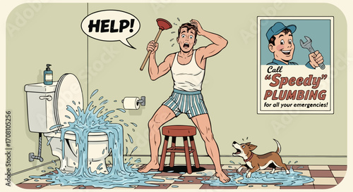 Plumbing emergency with an overflowing toilet and a distressed homeowner holding a plunger. Plumbing emergency unfolds as water gushes onto the tiled floor, dog barking, creating a comedic disaster.
