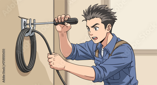 An illustration depicts handyman fixing cable, performing cable installation with focused expression. Handyman uses screwdriver to secure cable. Handyman fixes cable,