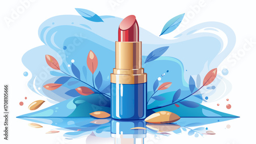 Trustworthy lipstick product photography,  as the main object, placed on a clean white ceramic surface, surrounded by soft natural light, subtle water droplets for freshness, pastel blue and beige ton