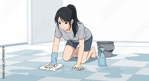 Cleaning floor with cloth and spray bottle. Cleaning floor requires bucket, spray bottle with detergent, and gloves. Girl doing cleaning floor in bathroom for household, house cleaning,