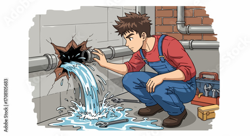 Water leak from pipe bursts out from wall and handyman is checking for damage, water leak is significant. Assessing damage, handyman considers repair options; water leak could damage structure.