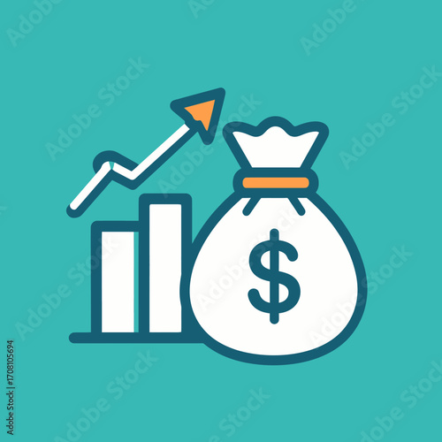Financial growth icon with money bag and bar chart.