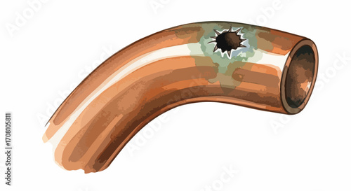 Illustration of corroded pipe with visible hole. Corroded pipe shows corrosion and damage, indicating a problem needing repair. Concept of corroded pipe may be used for plumbing, construction,