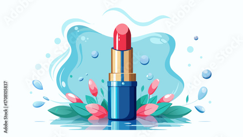 Trustworthy lipstick product photography,  as the main object, placed on a clean white ceramic surface, surrounded by soft natural light, subtle water droplets for freshness, pastel blue and beige ton