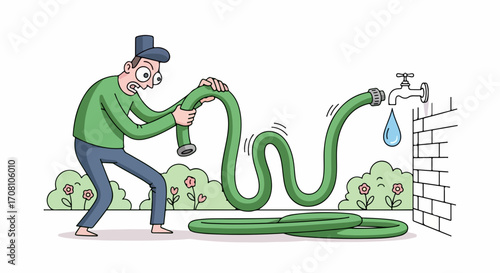 Plumbing issue cartoon with perplexed man holding a green garden hose, water drop falling from faucet. Plumbing issue involves frustrated man attempting to attach leaking hose,