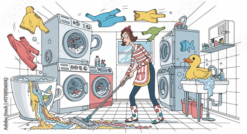 Laundry room chaos depicts funny illustration with washing machines, clothes, and cleaning supplies. Laundry room illustration expresses humorous messiness with overflowing tub, floating sweaters,