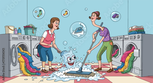 Two women cleaning laundry room with soapy water. Laundry room cleaning also includes machines with clothes and soap bubbles. Cleaning laundry room is necessary for hygiene and pleasant living.