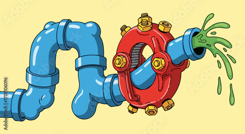Cartoon leak illustration showing water leak with bright green liquid flowing from red and blue piping. Water leak and damage shows an unexpected burst from pipes, creating mess.
